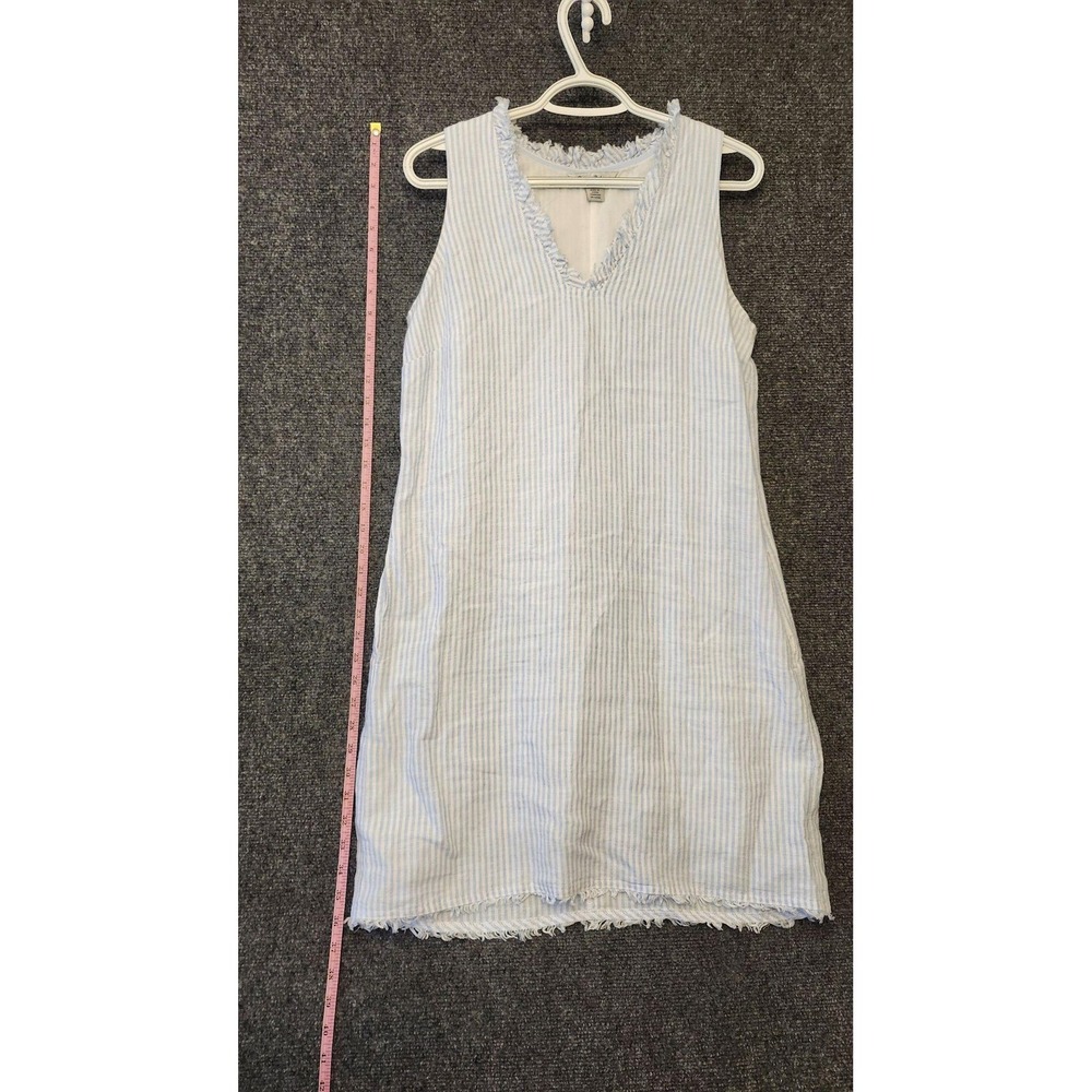 Tommy Bahama Dress Womens S Blue Stripe Linen Shift Sleeveless V Neck Fringe Hem